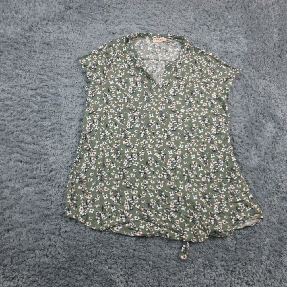 Full Moon Maternity Shirt Womens Large Green Floral V Neck Cap Sleeve Tunic Top